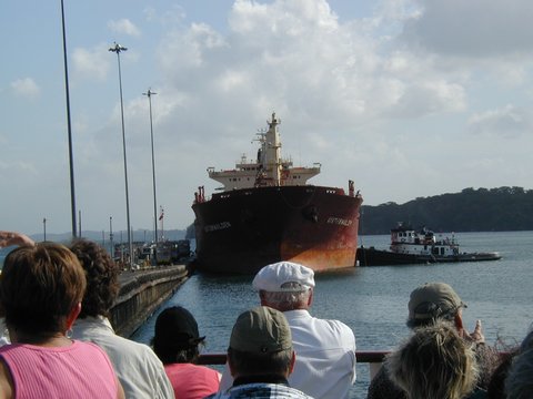 Panamax ship joining us at top of Gatun Lock