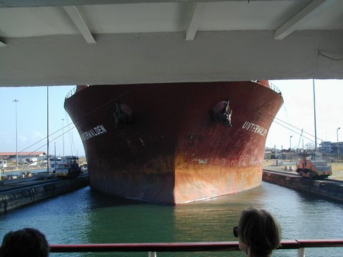 Panamax ship in lock with us waiting for water to lower